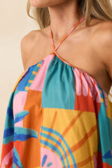 Paradisa Ithica Multi Tropical Mosaic Cotton Halter Swing Mini Dress