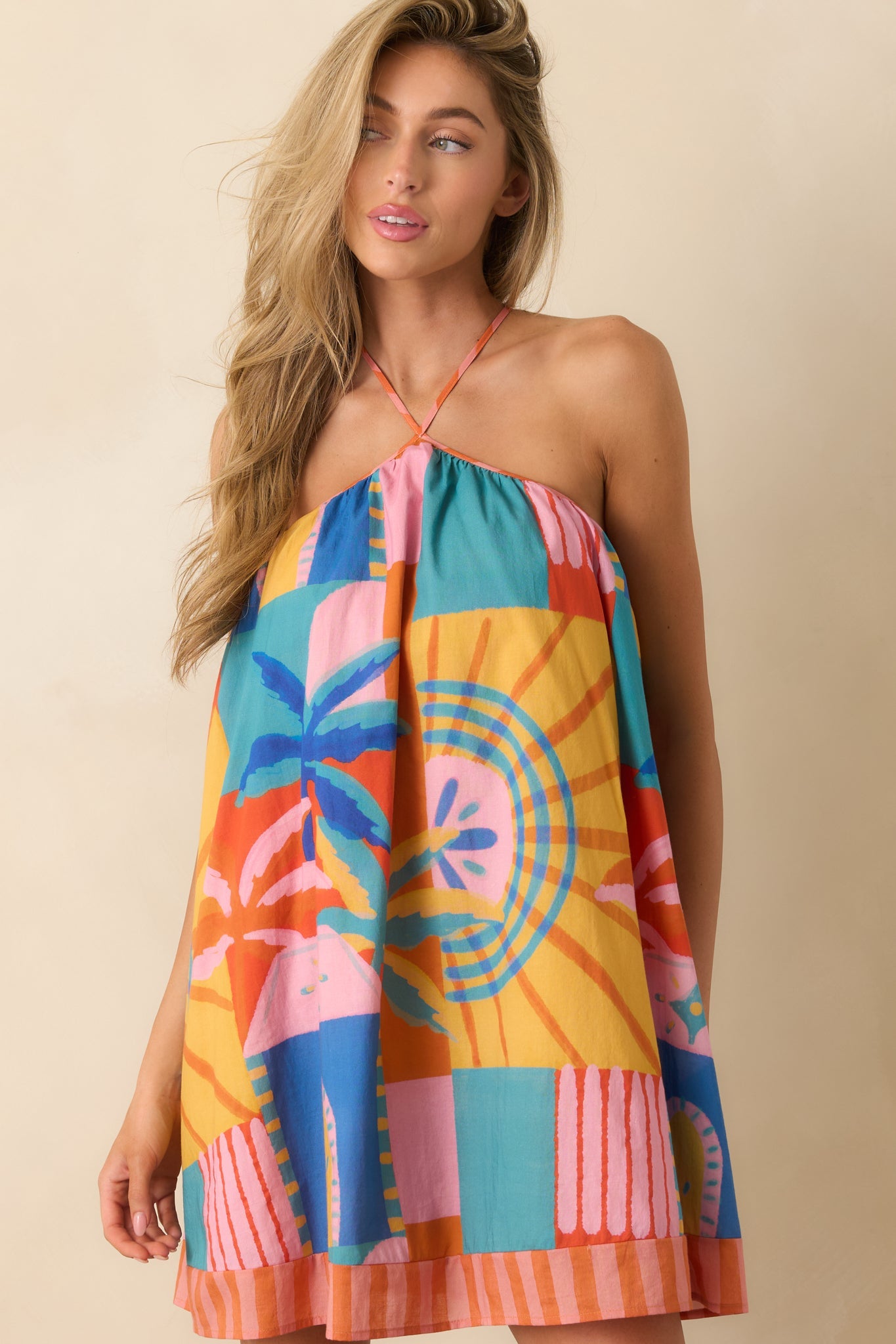 Paradisa Ithica Multi Tropical Mosaic Cotton Halter Swing Mini Dress