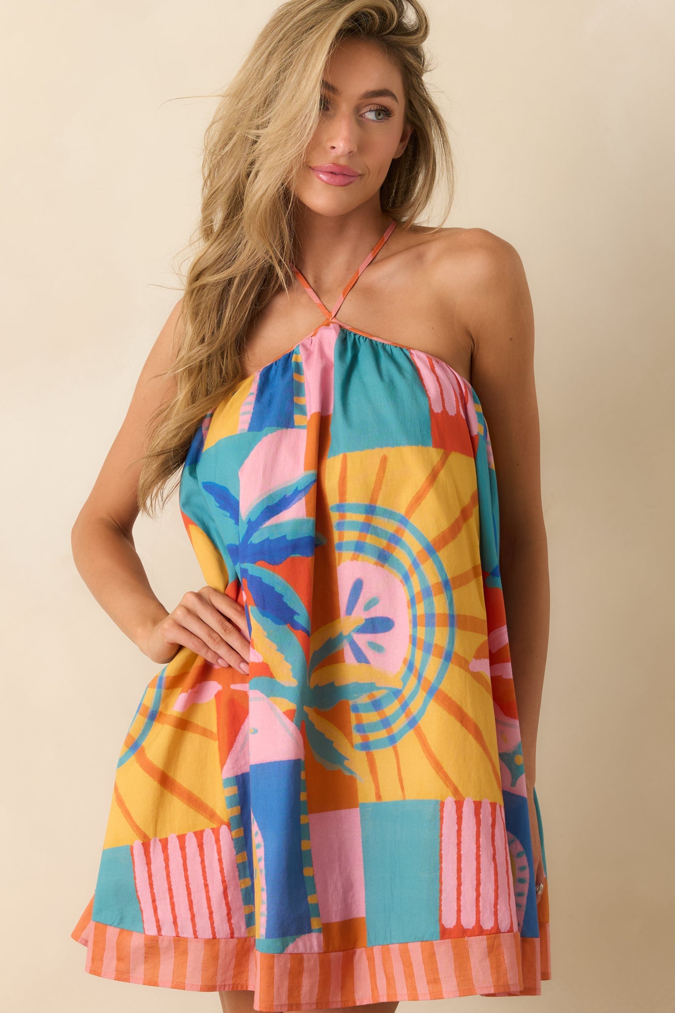 Paradisa Ithica Multi Tropical Mosaic Cotton Halter Swing Mini Dress