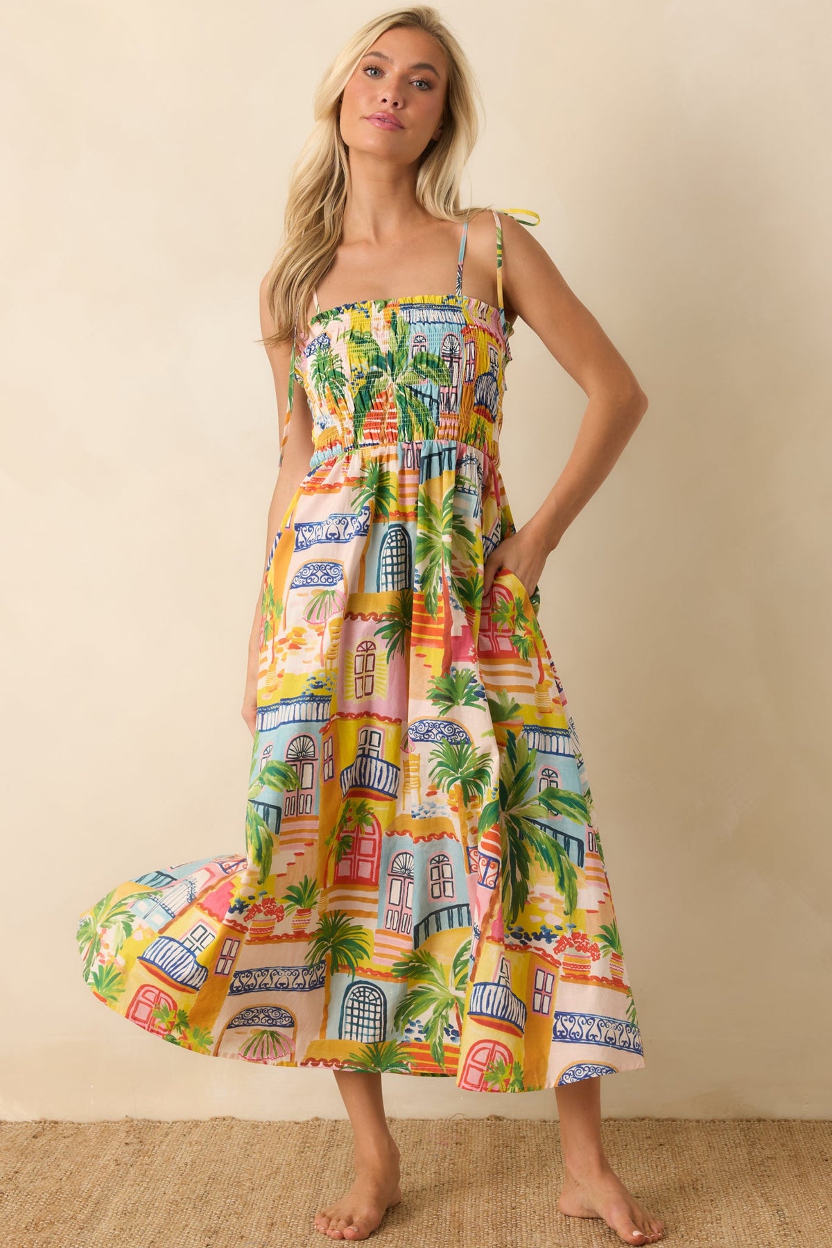 Paradisa Havana Multi Coastal Village Print Cotton Midi Dress