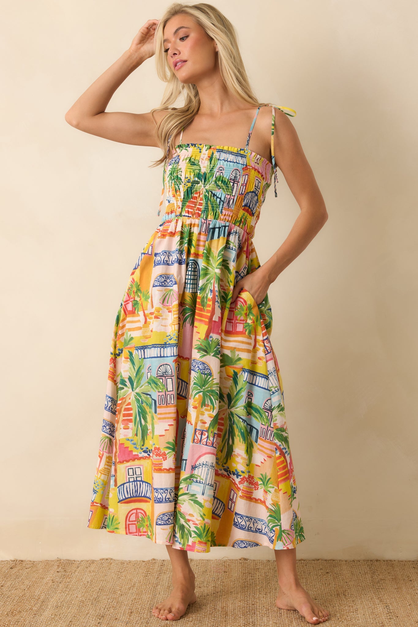 Paradisa Havana Multi Coastal Village Print Cotton Midi Dress