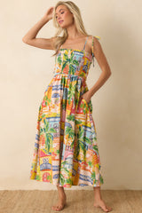 Paradisa Havana Multi Coastal Village Print Cotton Midi Dress