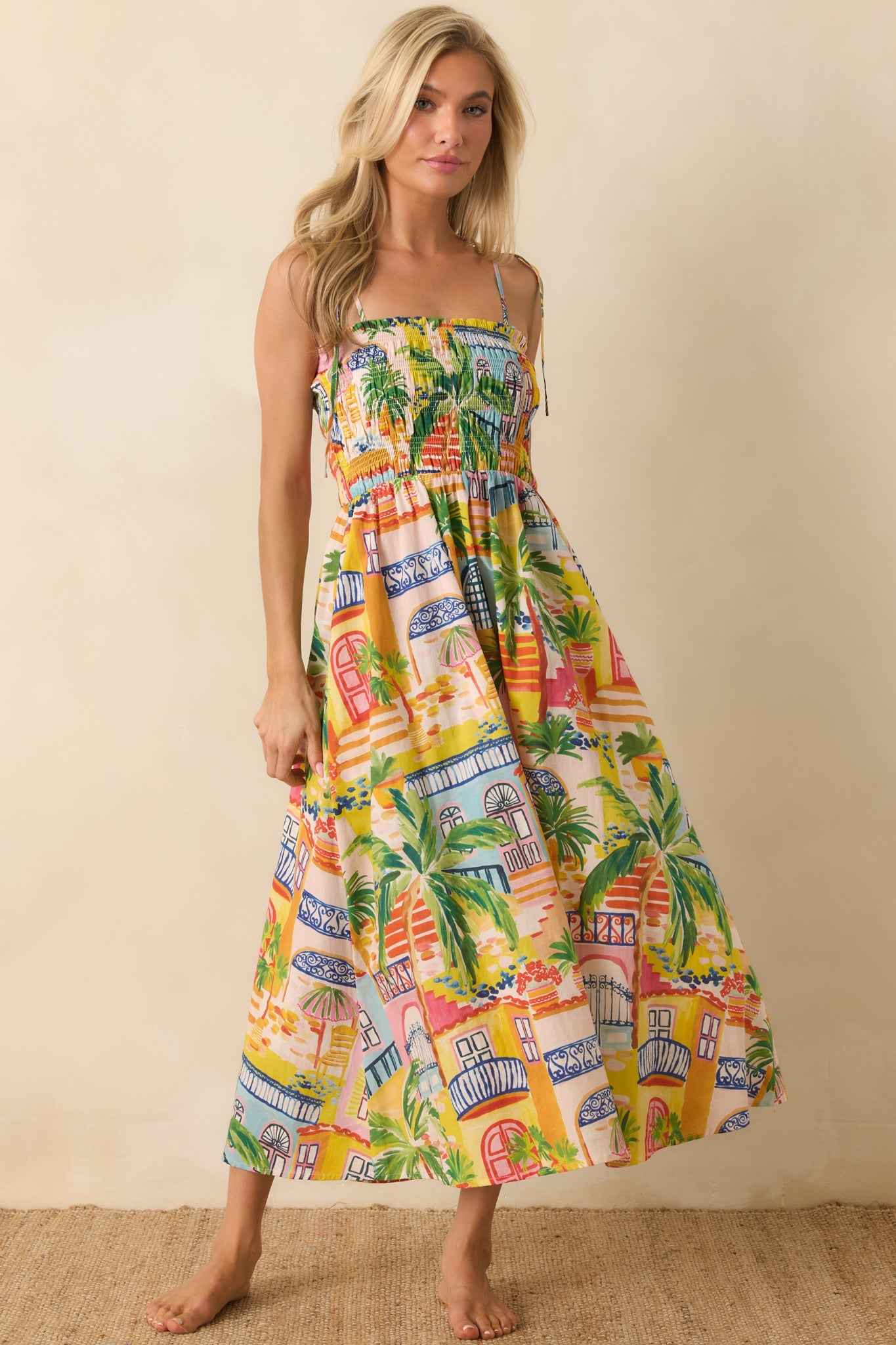 Paradisa Havana Multi Coastal Village Print Cotton Midi Dress