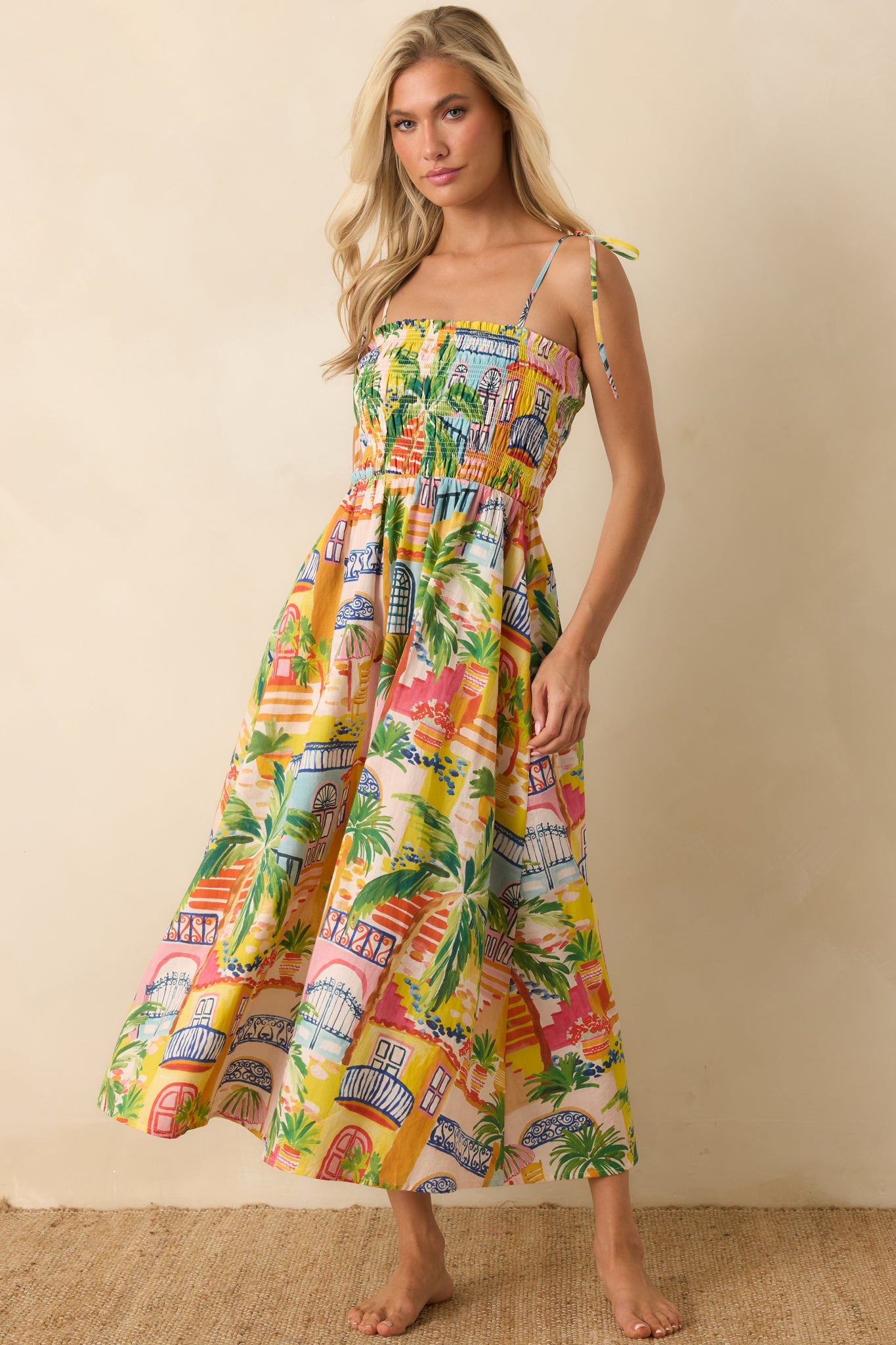 Paradisa Havana Multi Coastal Village Print Cotton Midi Dress