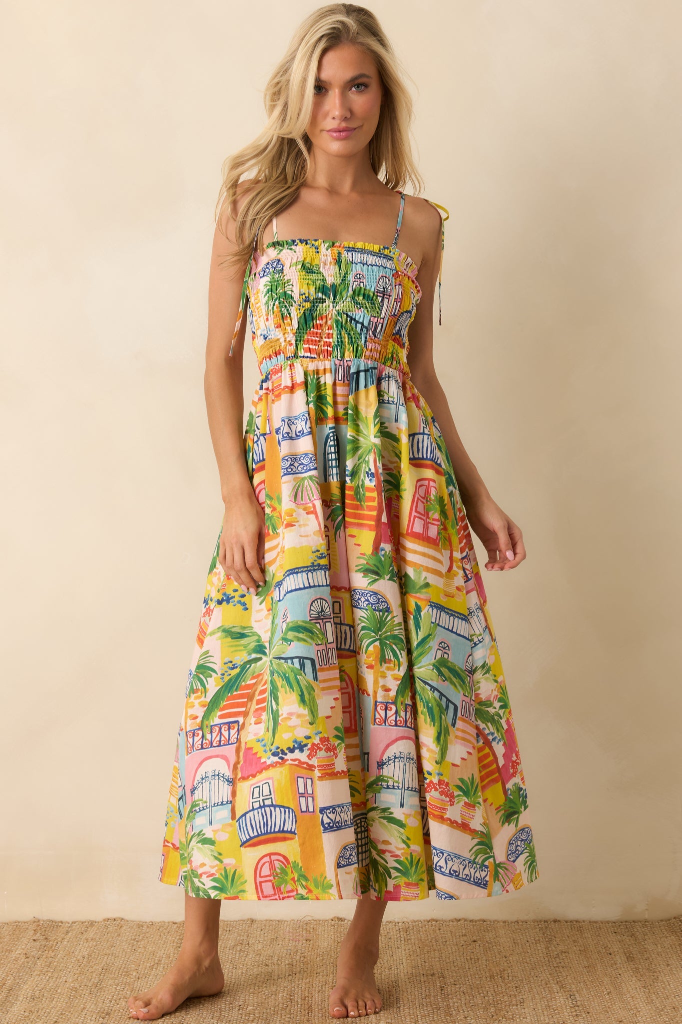 Paradisa Havana Multi Coastal Village Print Cotton Midi Dress
