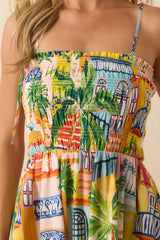 Paradisa Havana Multi Coastal Village Print Cotton Midi Dress