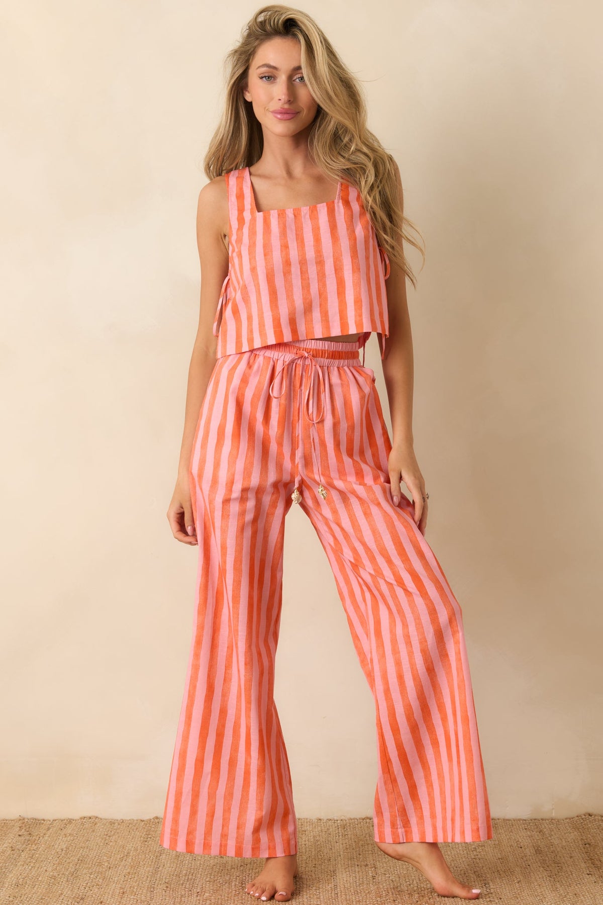 Paradisa Selima Pink & Orange Stripe Linen Blend Crop Top