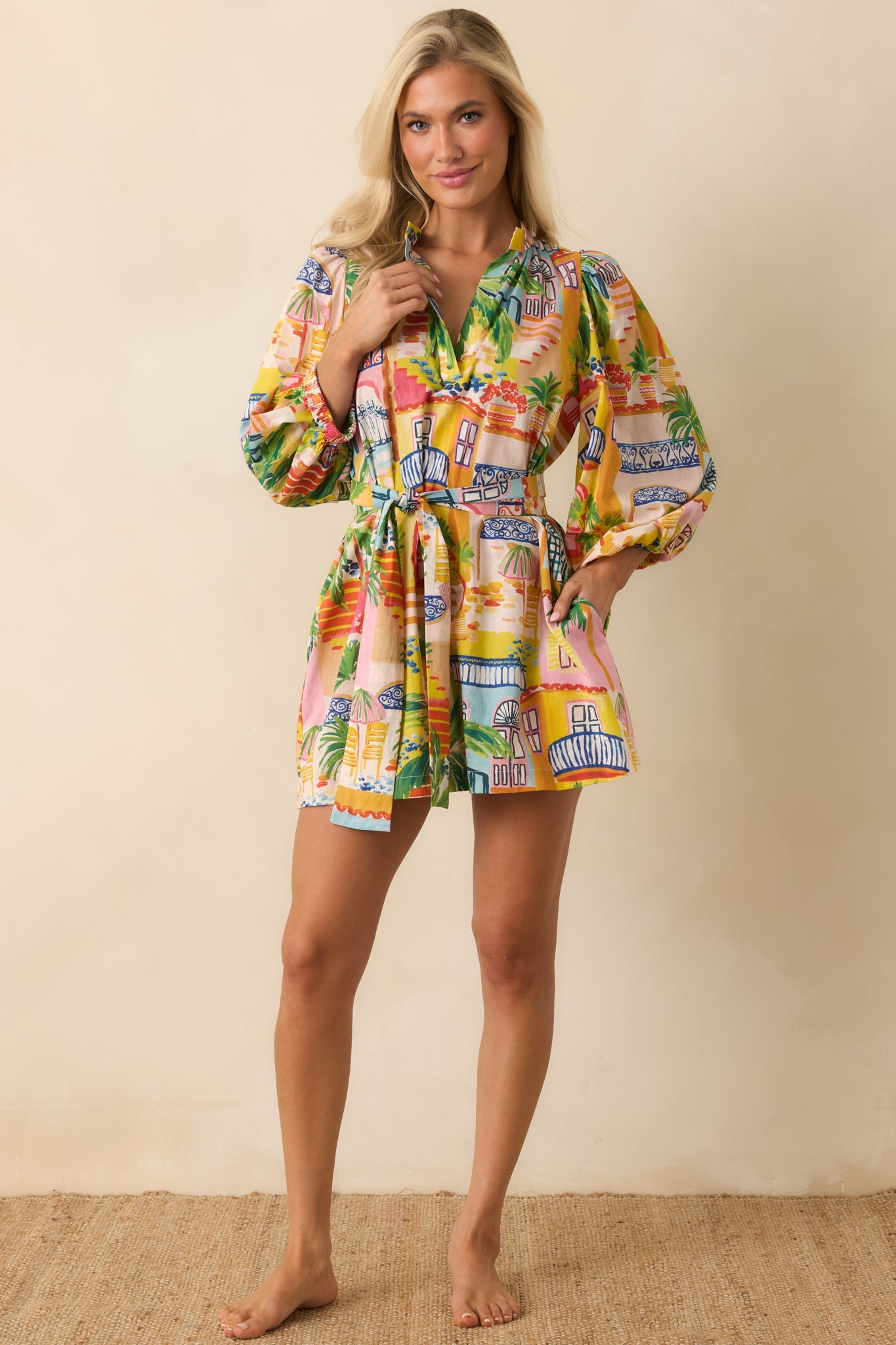 Paradisa Conch Key Multi Coastal Village Print Cotton Mini Dress