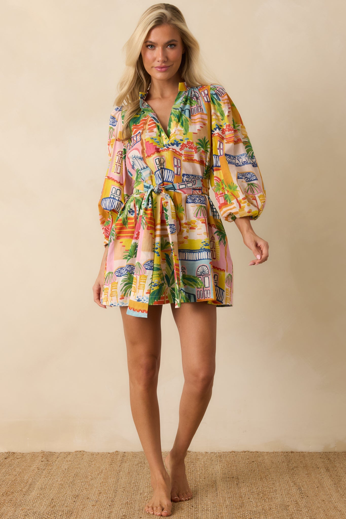 Paradisa Conch Key Multi Coastal Village Print Cotton Mini Dress