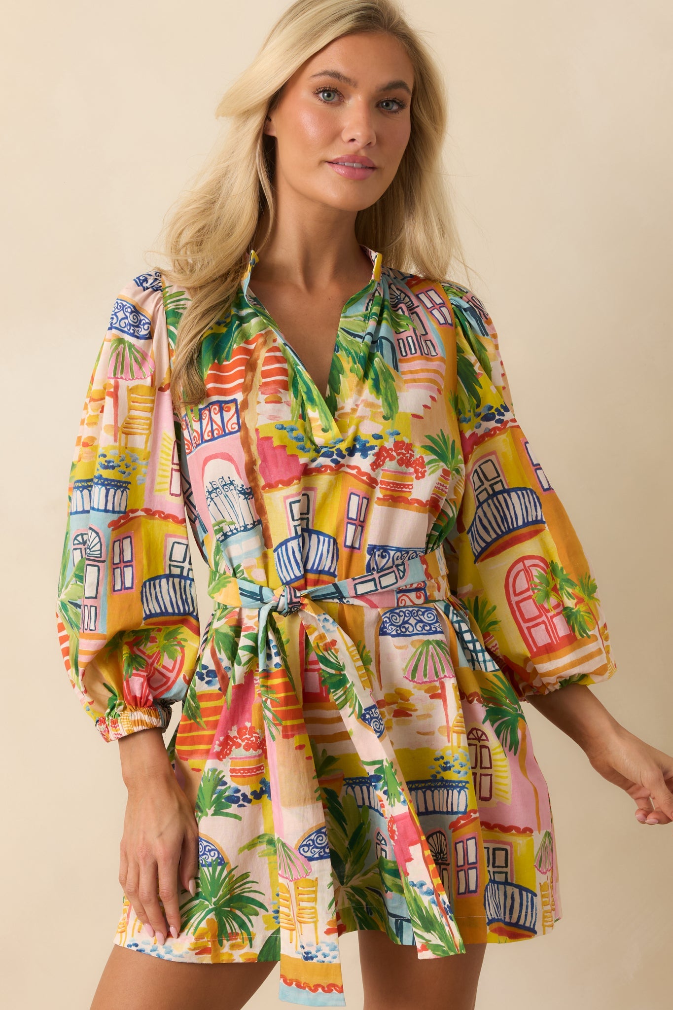 Paradisa Conch Key Multi Coastal Village Print Cotton Mini Dress
