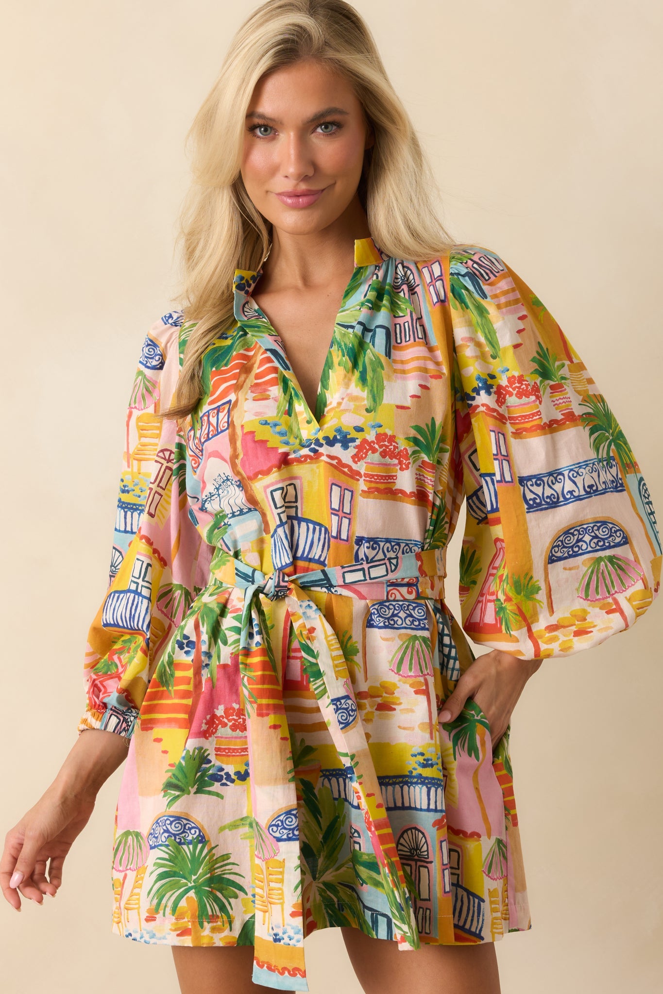 Paradisa Conch Key Multi Coastal Village Print Cotton Mini Dress