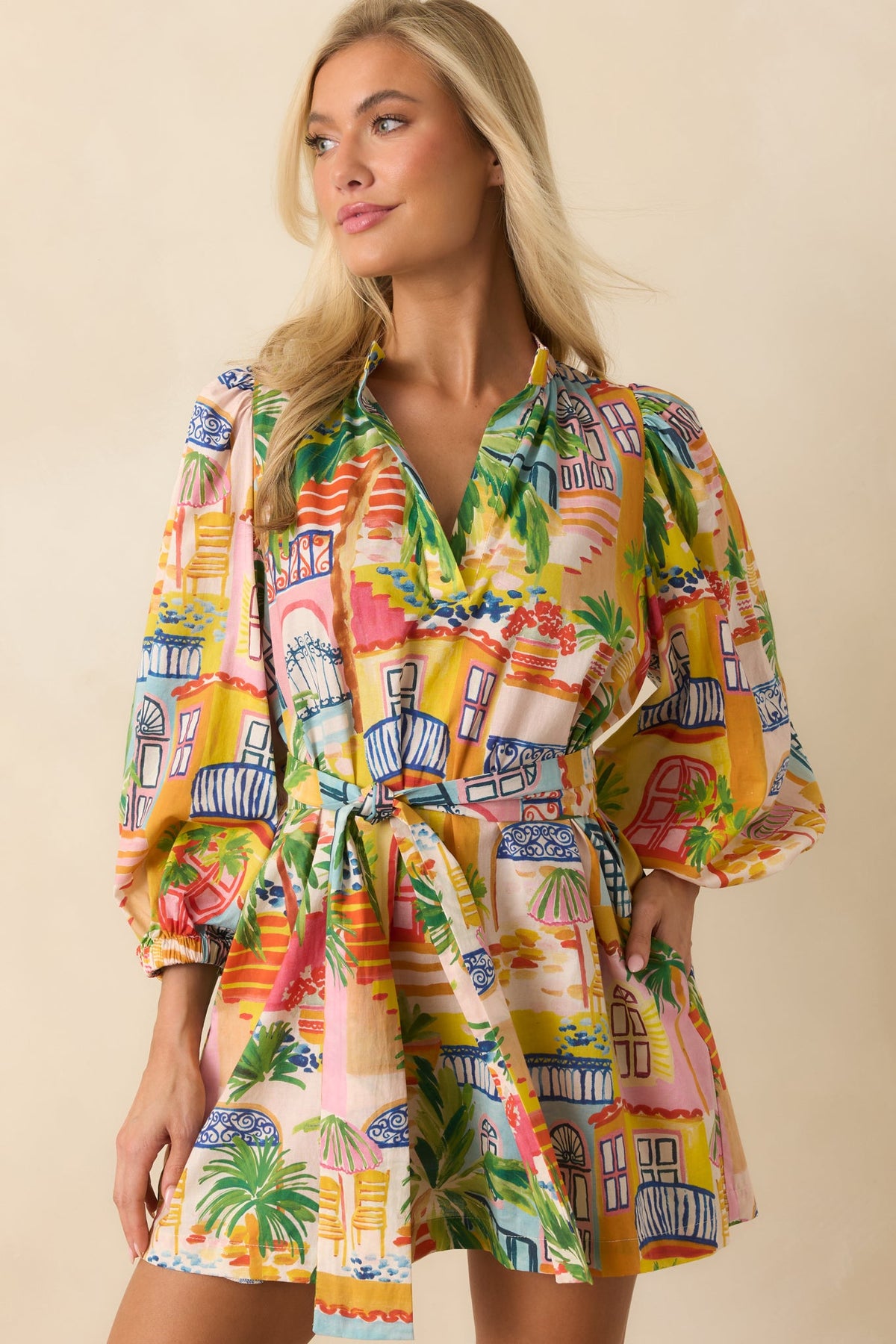 Paradisa Conch Key Multi Coastal Village Print Cotton Mini Dress