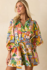 Paradisa Conch Key Multi Coastal Village Print Cotton Mini Dress