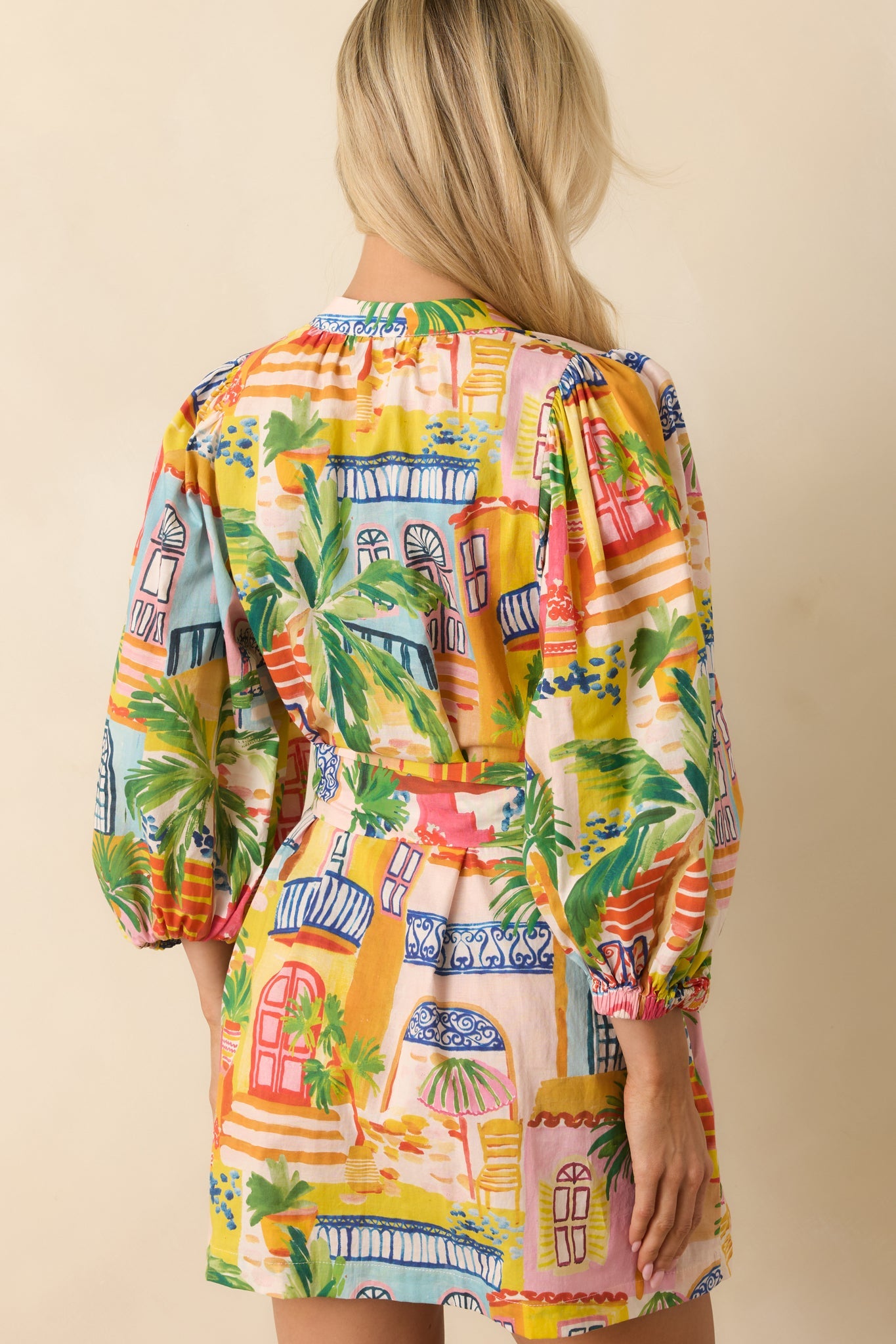 Paradisa Conch Key Multi Coastal Village Print Cotton Mini Dress