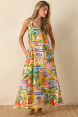 Paradisa Grenada Multi Coastal Village Print Cotton Maxi Dress