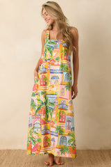 Paradisa Grenada Multi Coastal Village Print Cotton Maxi Dress