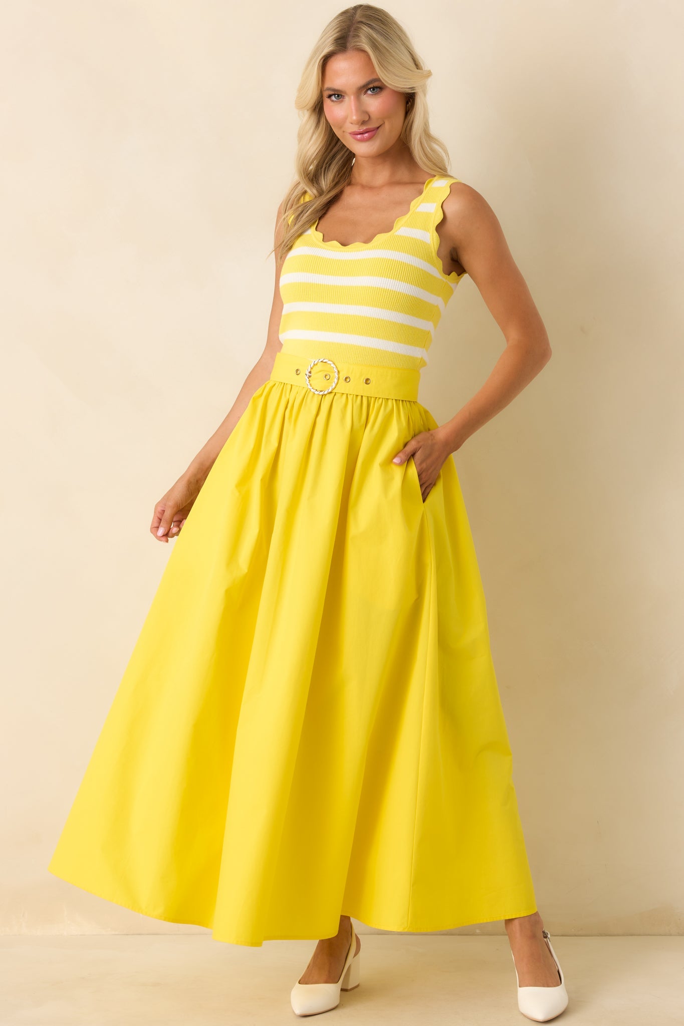 Prosperina Greer Sunshine Yellow Stripe Cotton Midi Dress