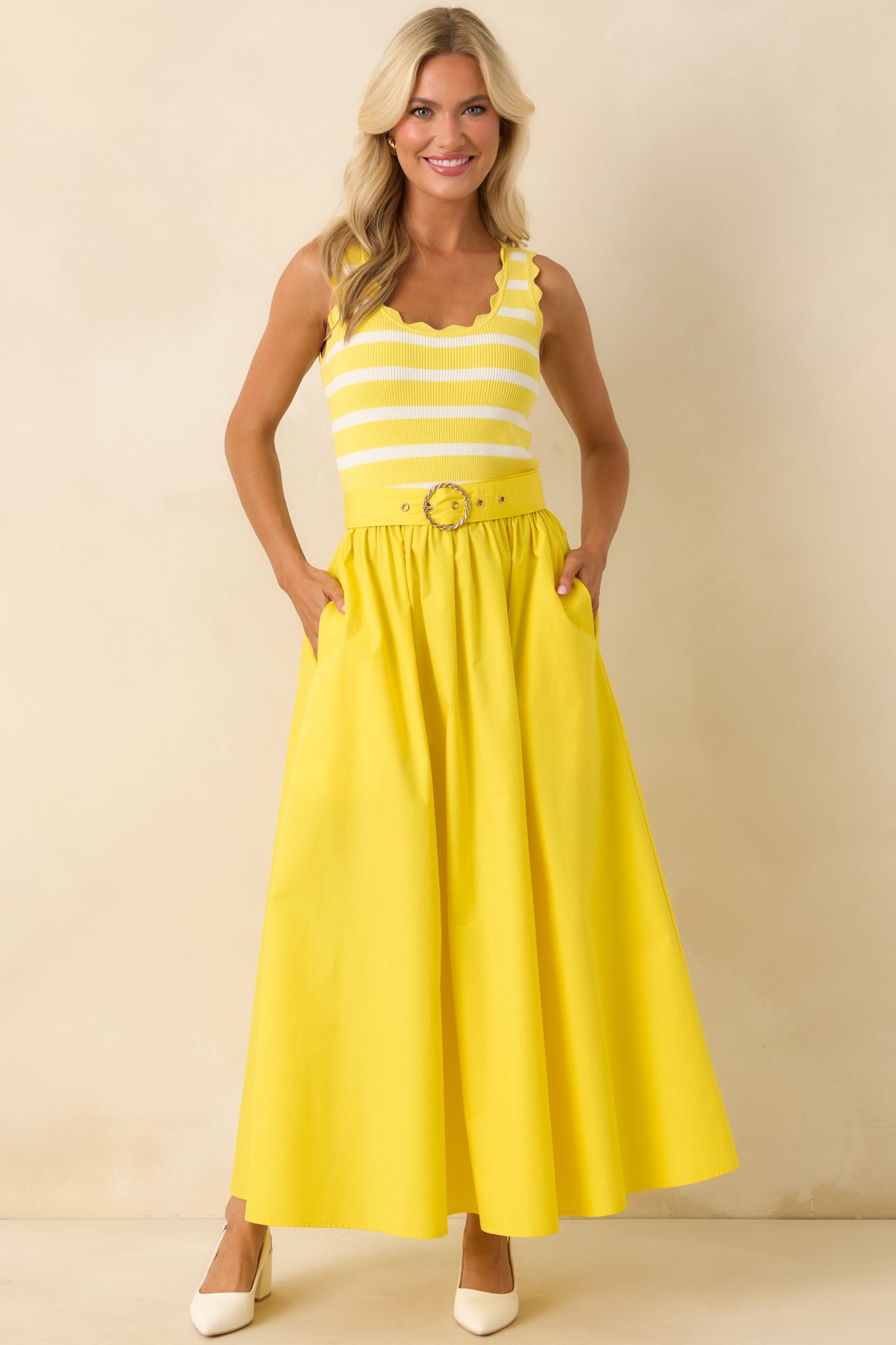 Prosperina Greer Sunshine Yellow Stripe Cotton Midi Dress