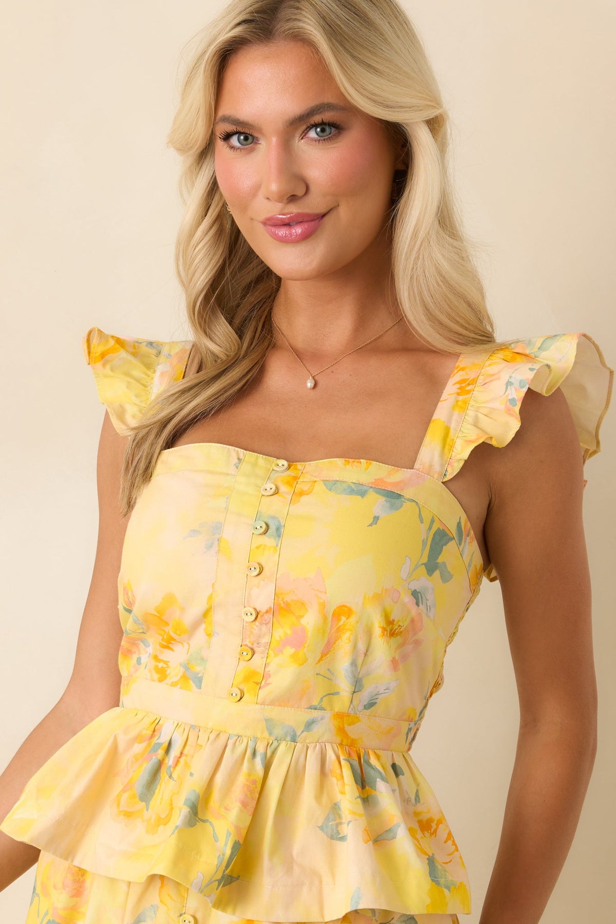 Prosperina Provence Butter Yellow Multi Floral Cotton Peplum Top