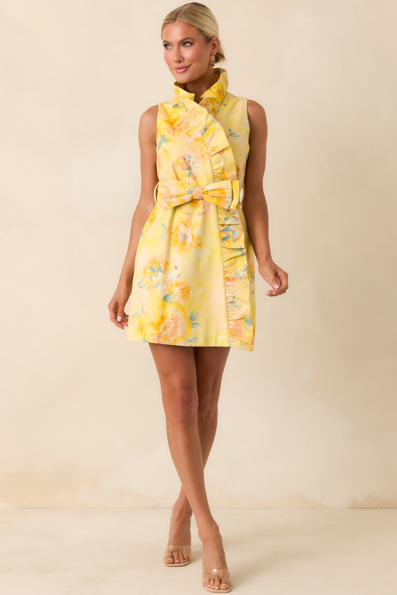 Prosperina Lilly Butter Yellow Multi Floral Silky Ruffle Mini Dress