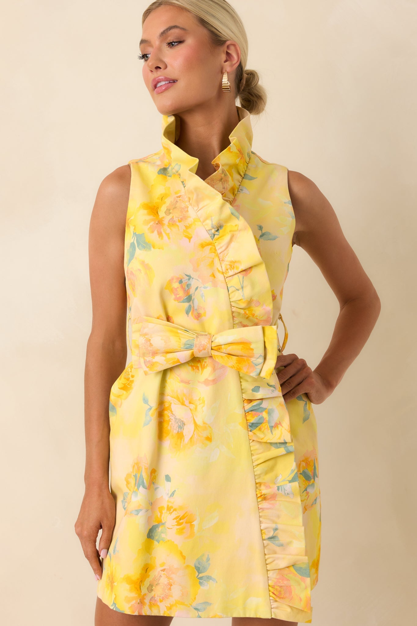 Prosperina Lilly Butter Yellow Multi Floral Silky Ruffle Mini Dress