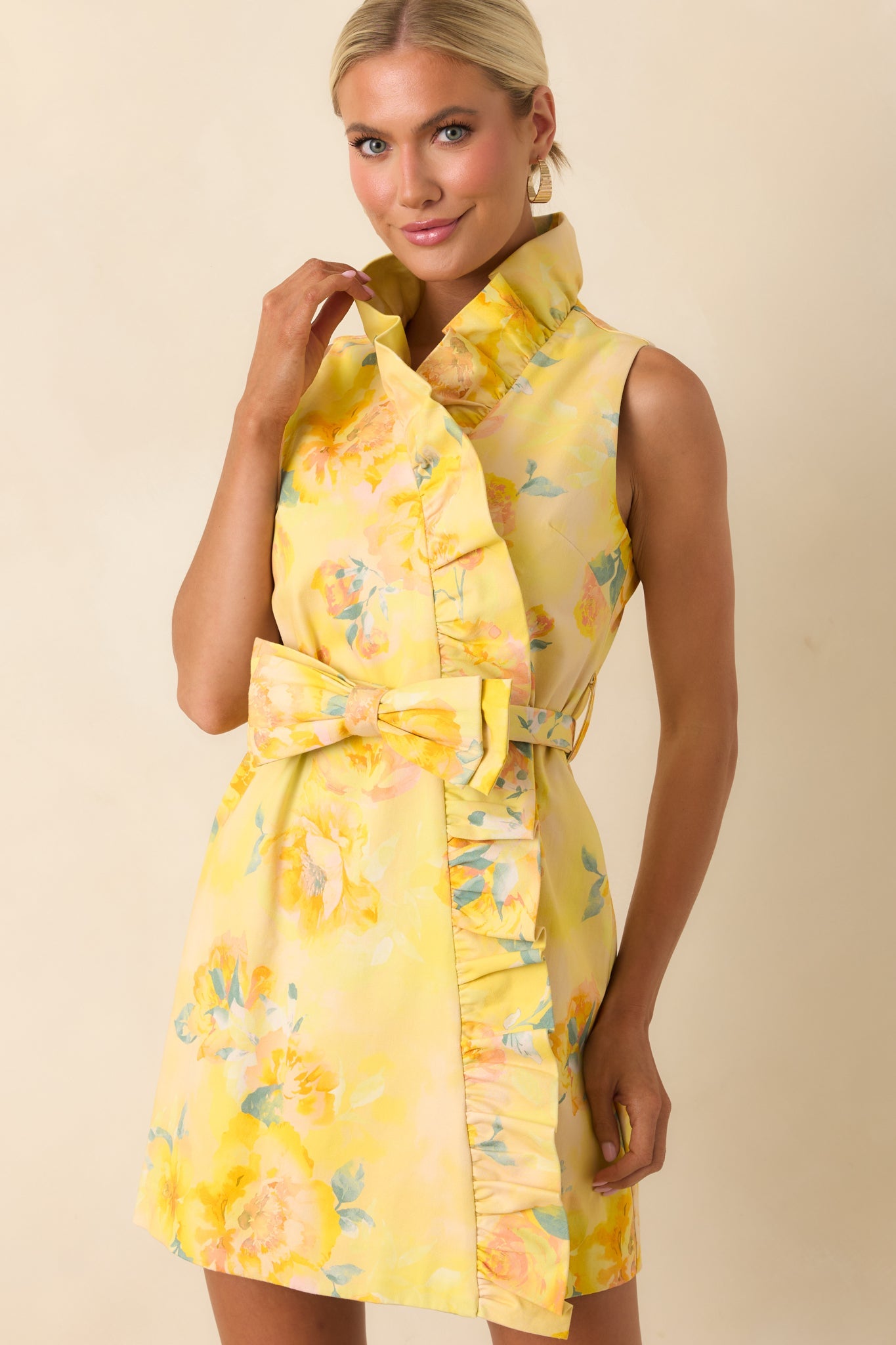 Prosperina Lilly Butter Yellow Multi Floral Silky Ruffle Mini Dress