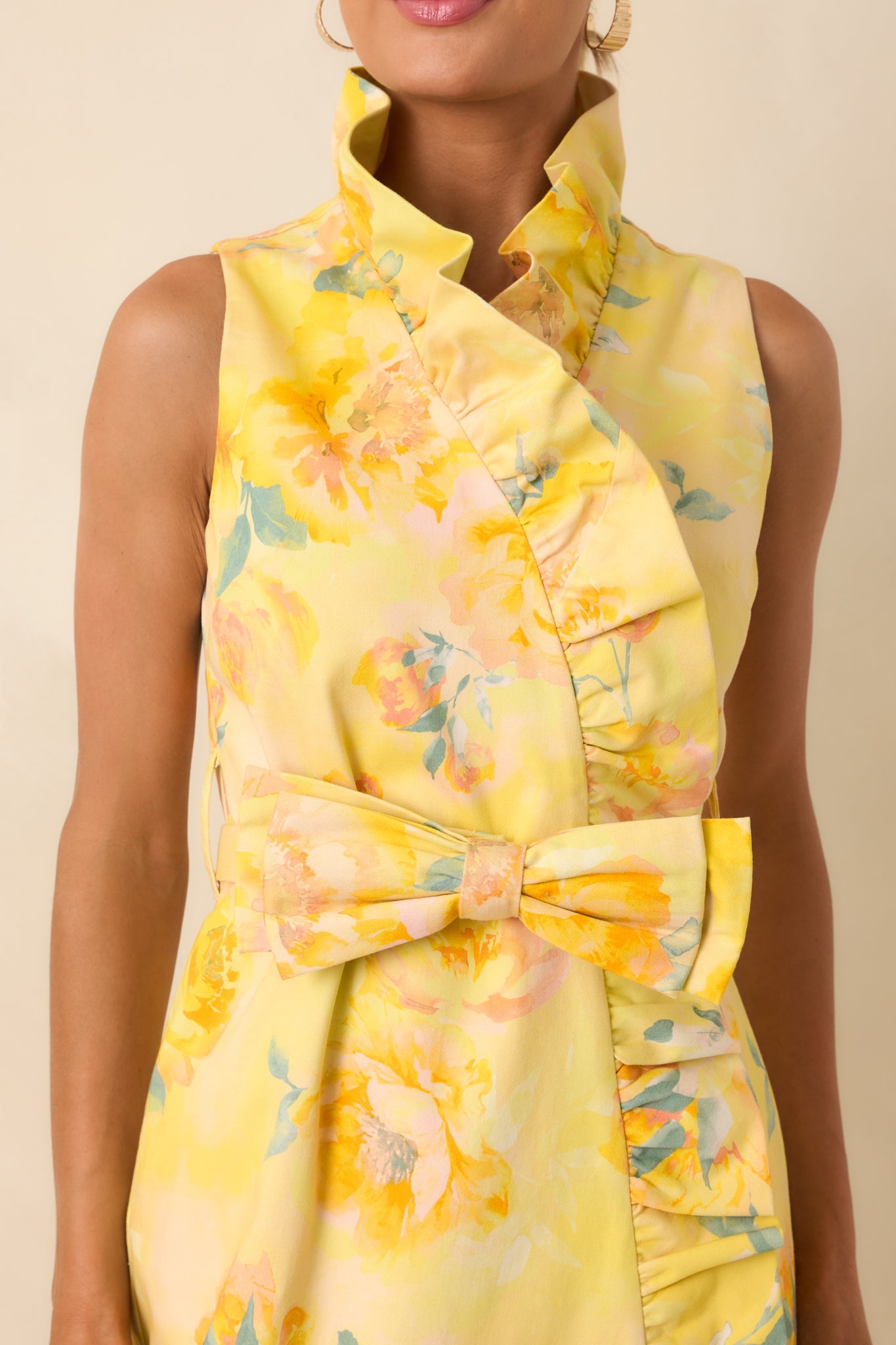 Prosperina Lilly Butter Yellow Multi Floral Silky Ruffle Mini Dress