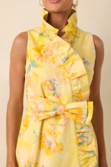 Prosperina Lilly Butter Yellow Multi Floral Silky Ruffle Mini Dress