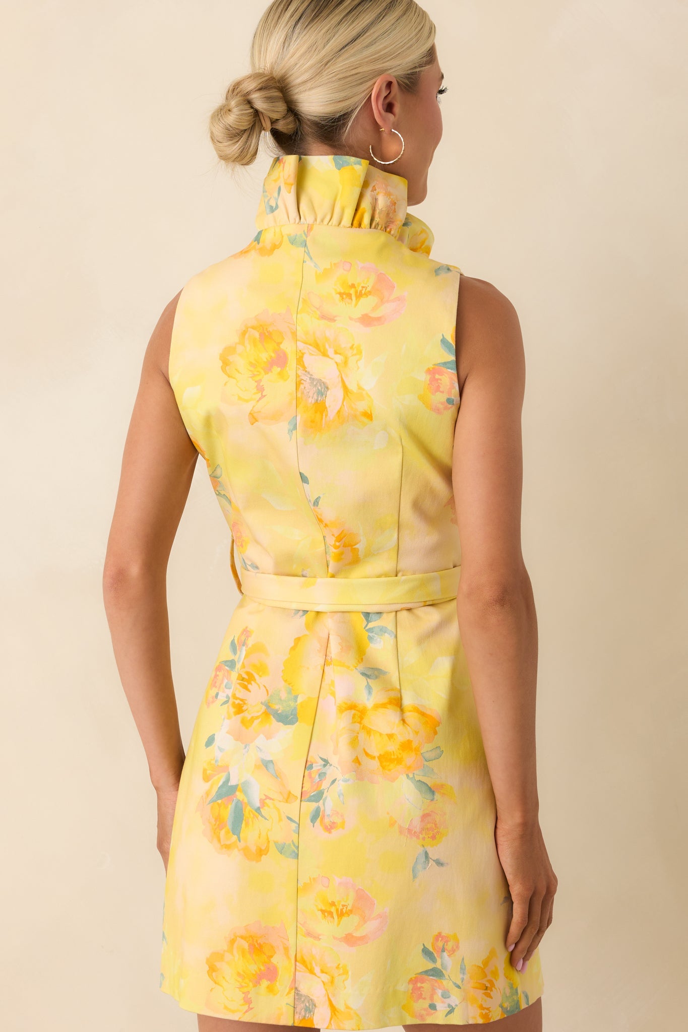 Prosperina Lilly Butter Yellow Multi Floral Silky Ruffle Mini Dress