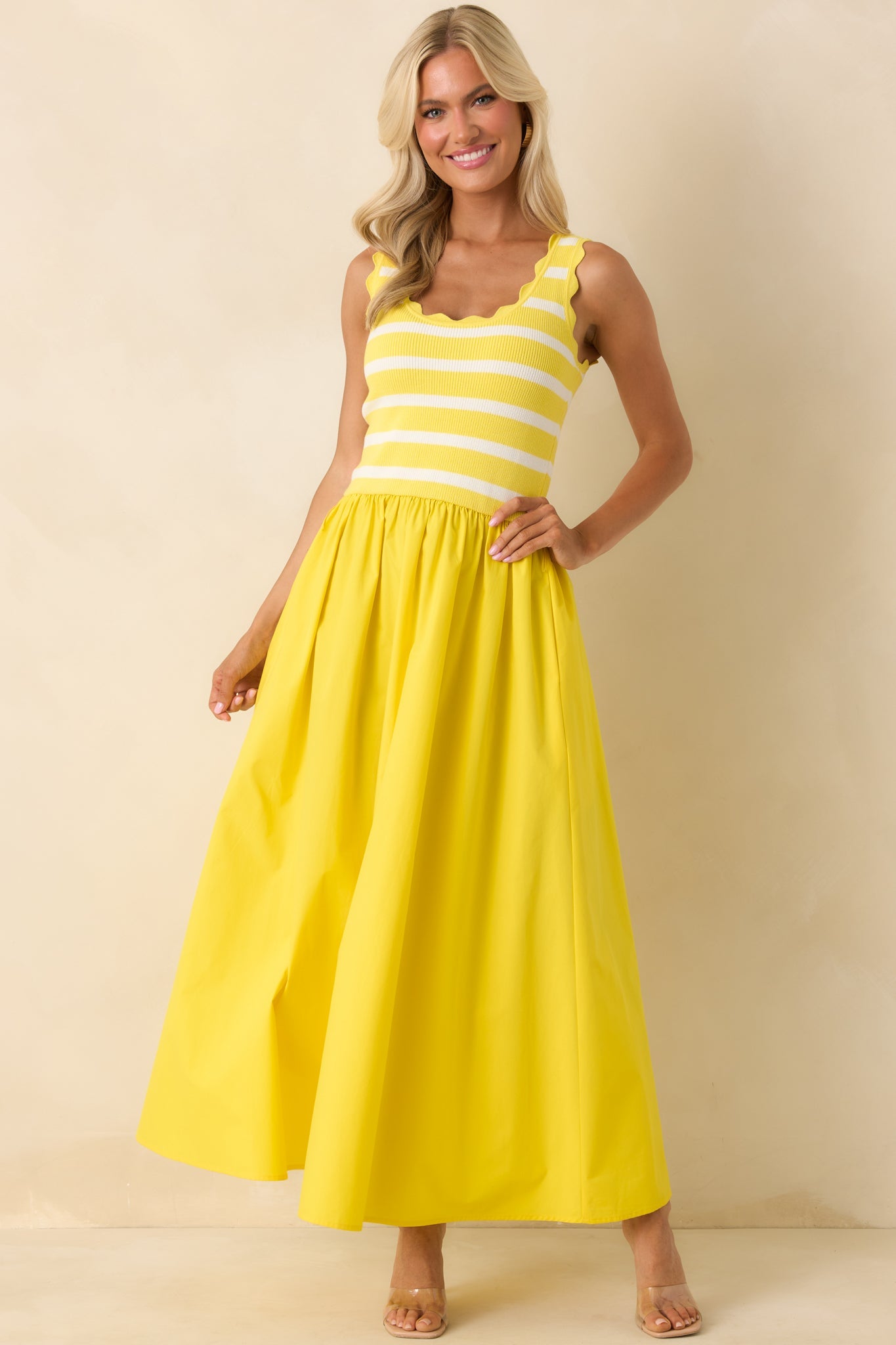 Prosperina Greer Sunshine Yellow Stripe Cotton Midi Dress