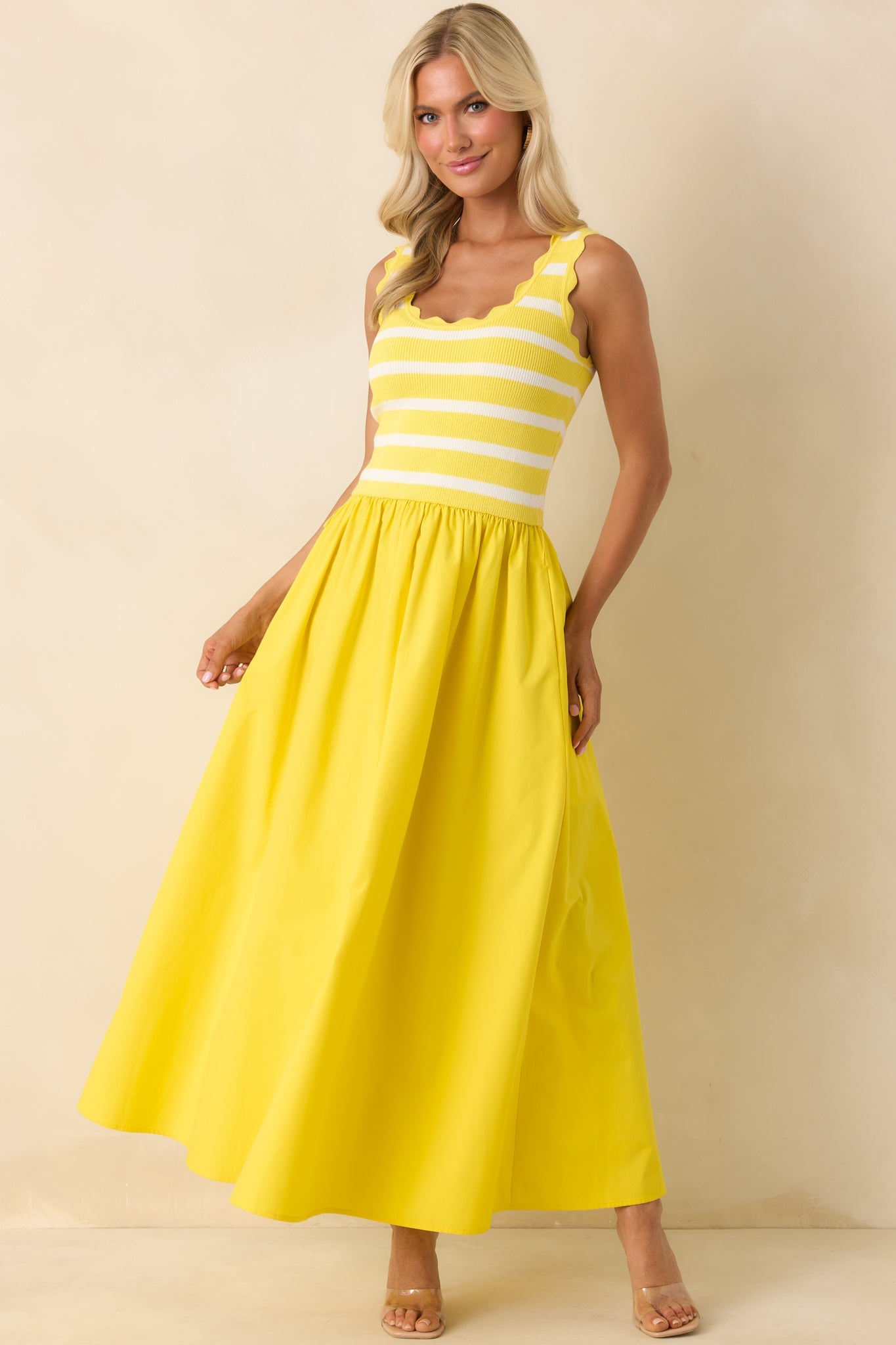 Prosperina Greer Sunshine Yellow Stripe Cotton Midi Dress