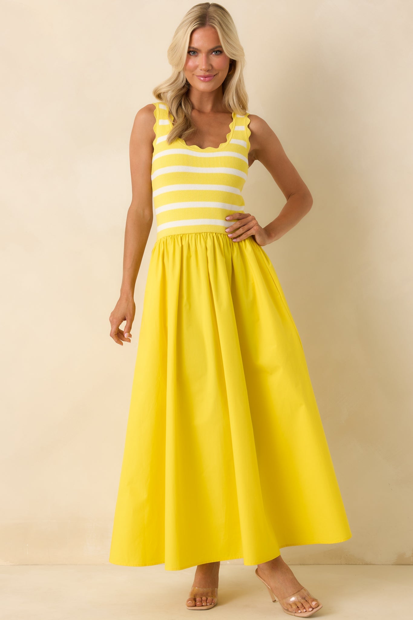 Prosperina Greer Sunshine Yellow Stripe Cotton Midi Dress