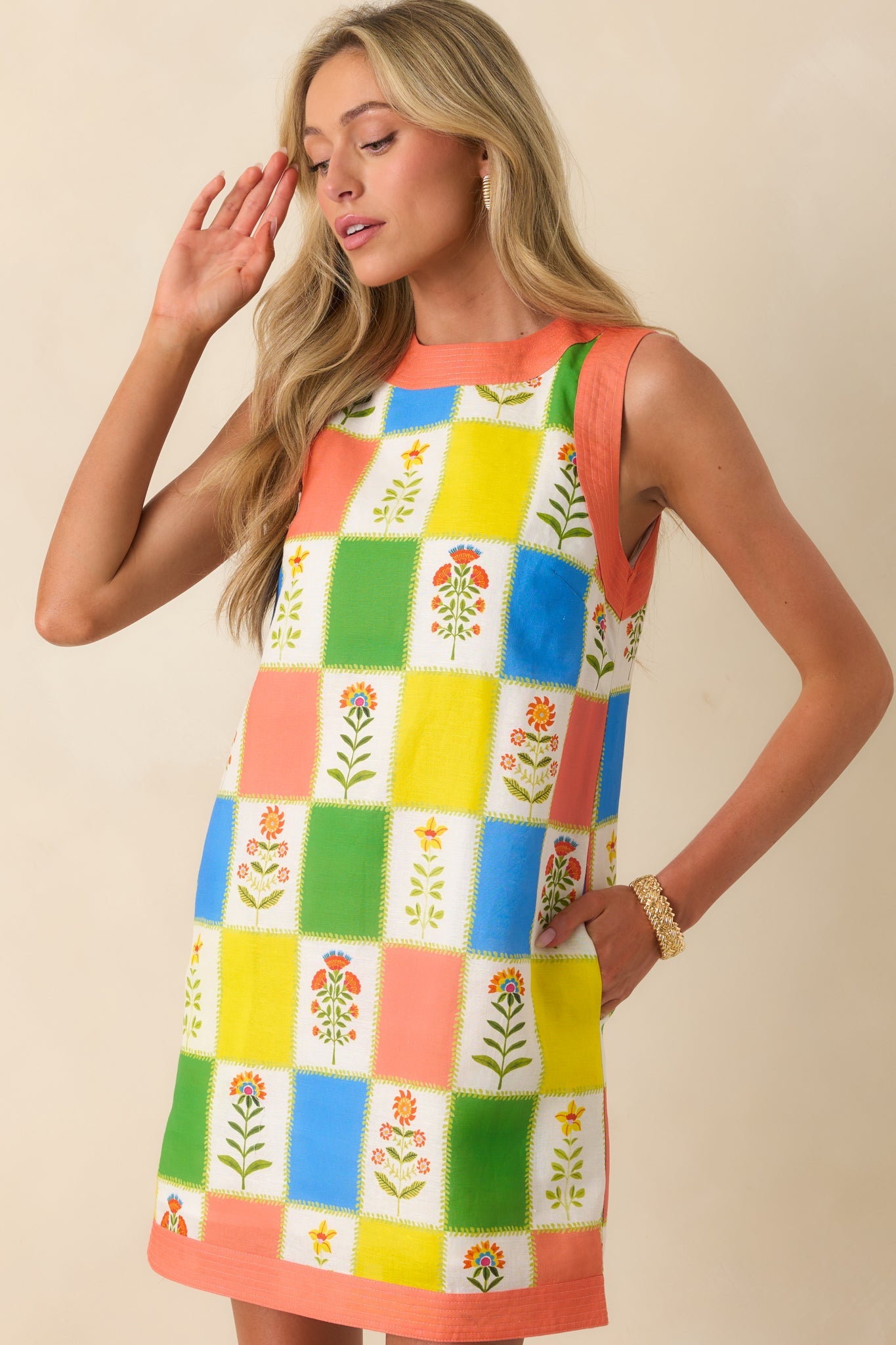 Prosperina Trista Multi Floral Patchwork Linen Blend Mini Shift Dress