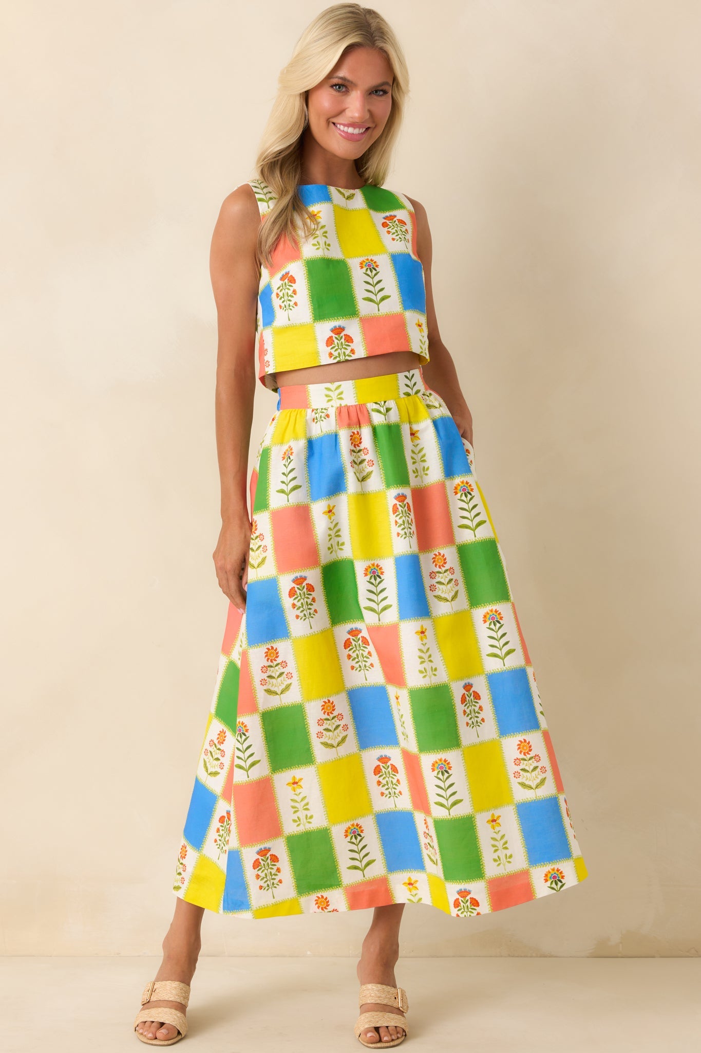 Prosperina Maddie Multi Floral Patchwork Linen Blend Maxi Skirt