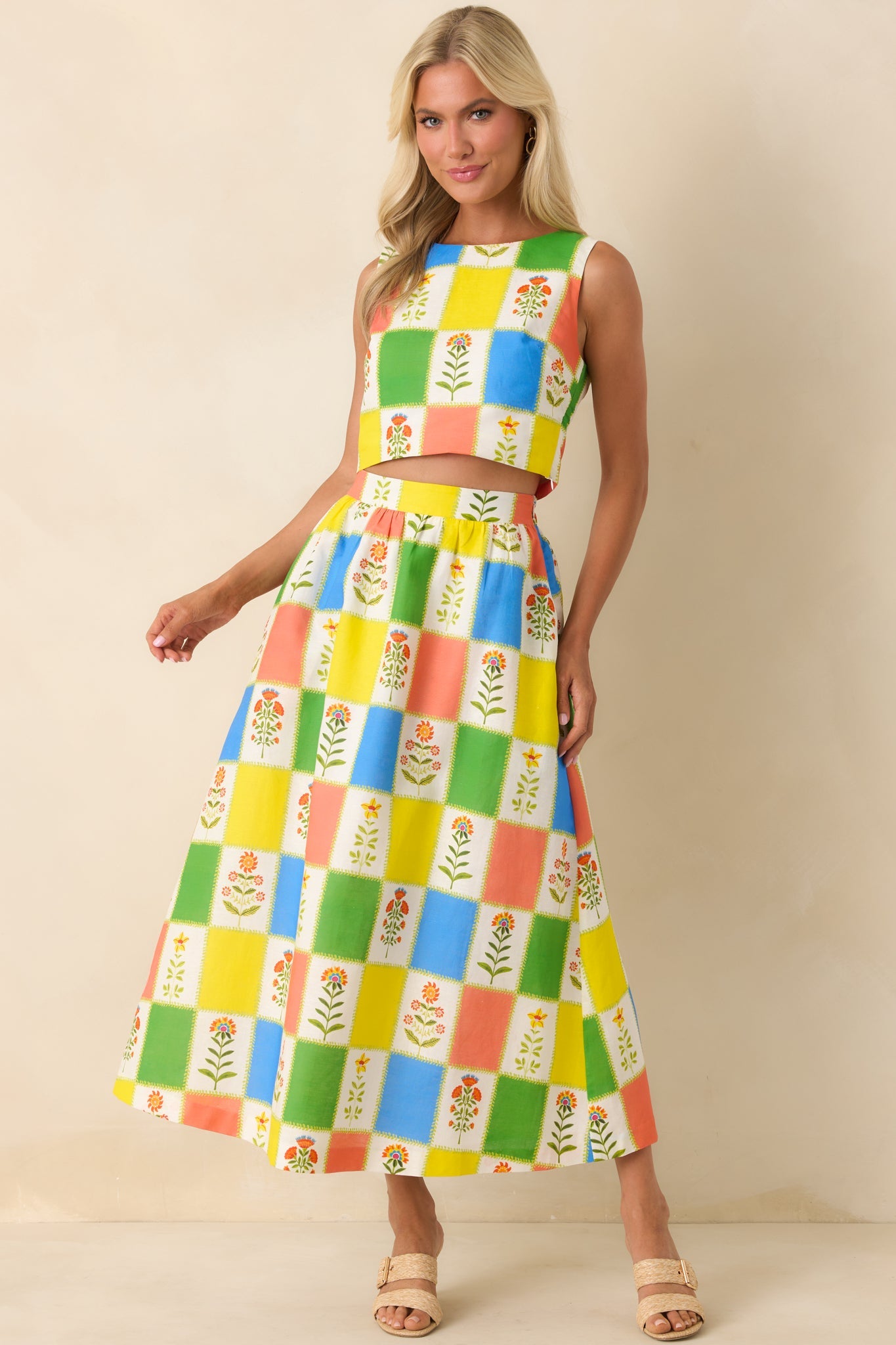 Prosperina Maddie Multi Floral Patchwork Linen Blend Maxi Skirt