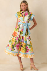 Prosperina Savannah Multi Linen Blend Scenic Coastal Print Midi Dress