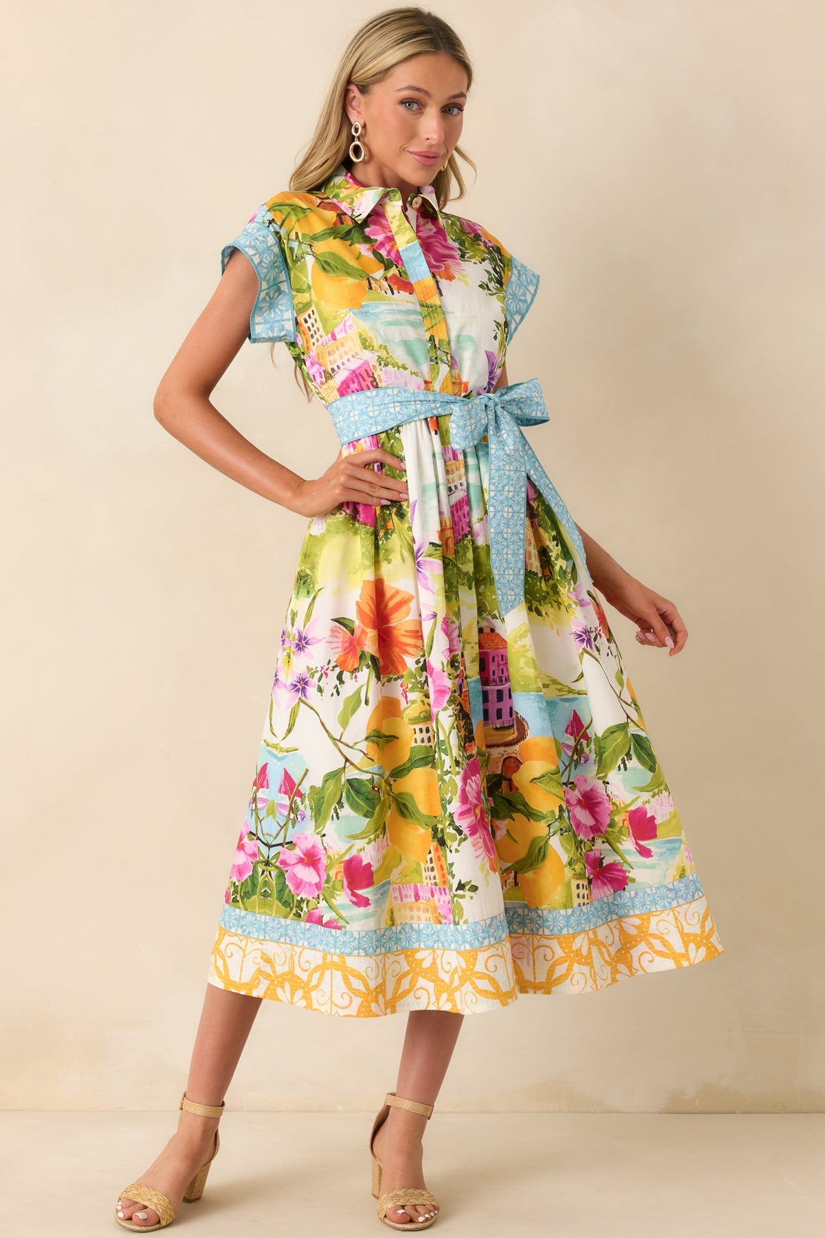 Prosperina Savannah Multi Linen Blend Scenic Coastal Print Midi Dress