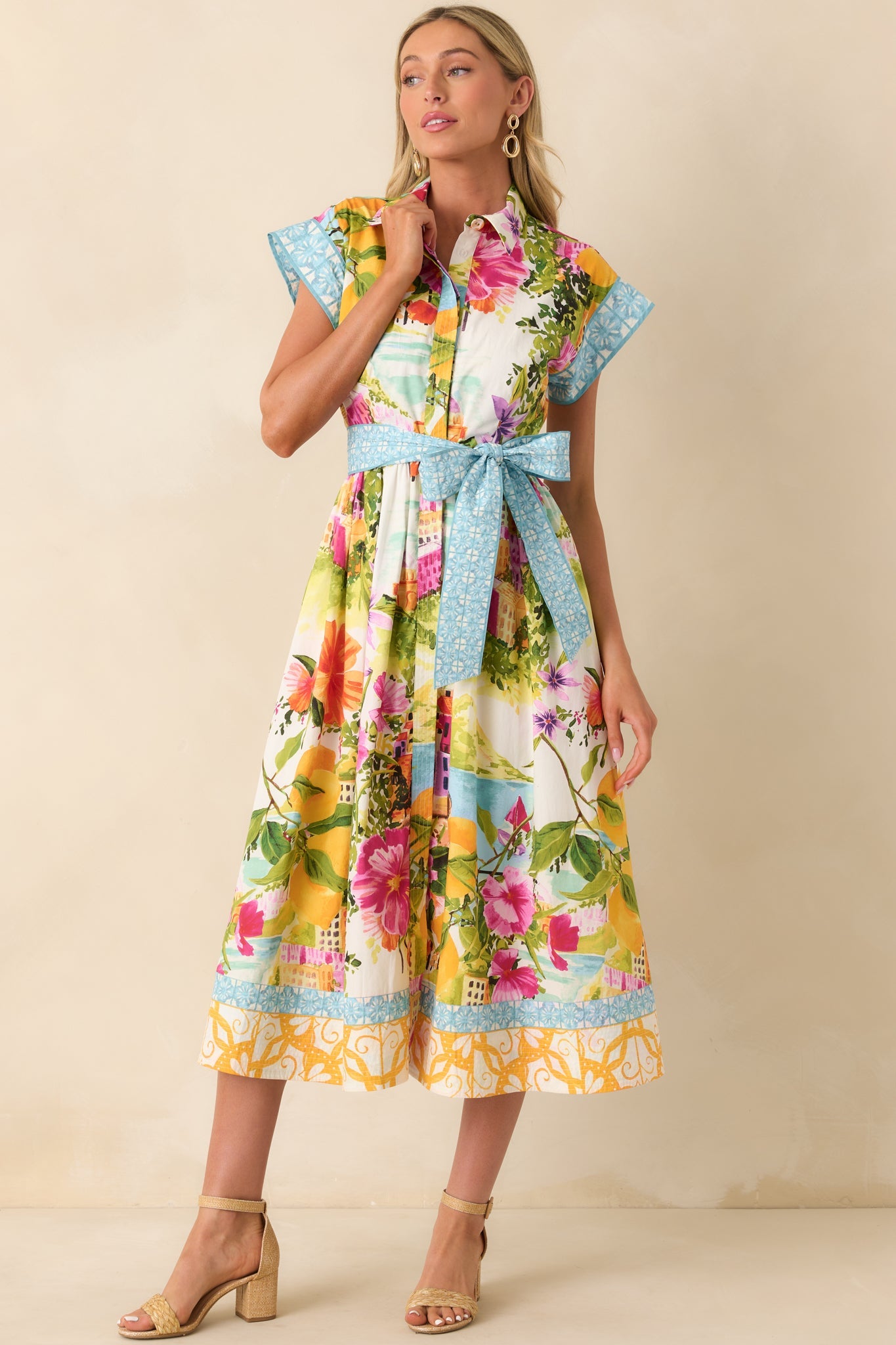 Prosperina Savannah Multi Linen Blend Scenic Coastal Print Midi Dress