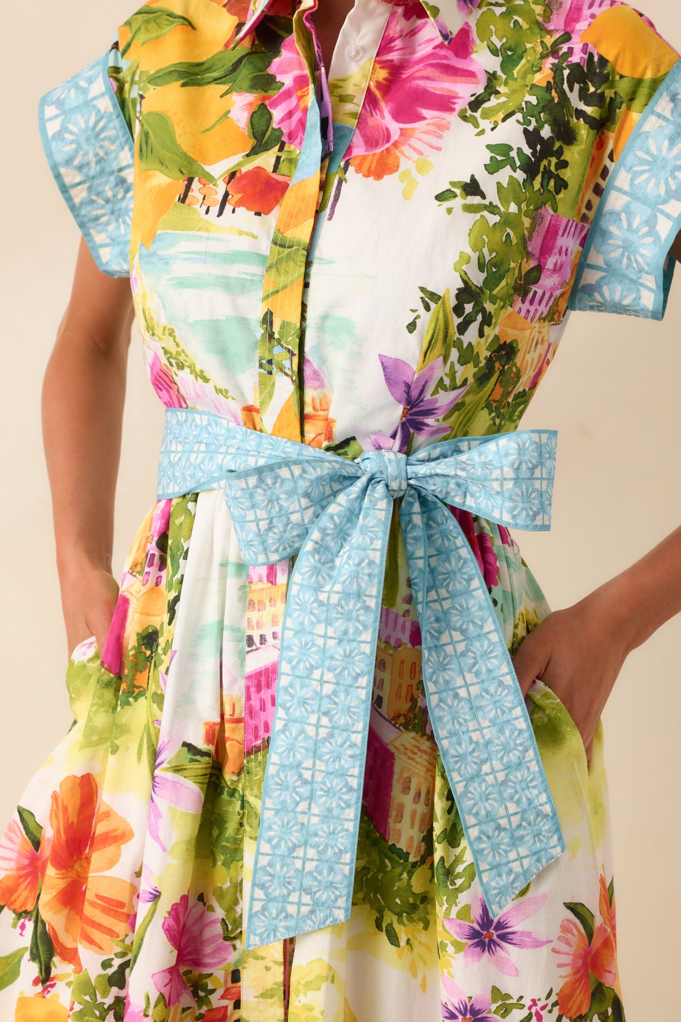 Prosperina Savannah Multi Linen Blend Scenic Coastal Print Midi Dress