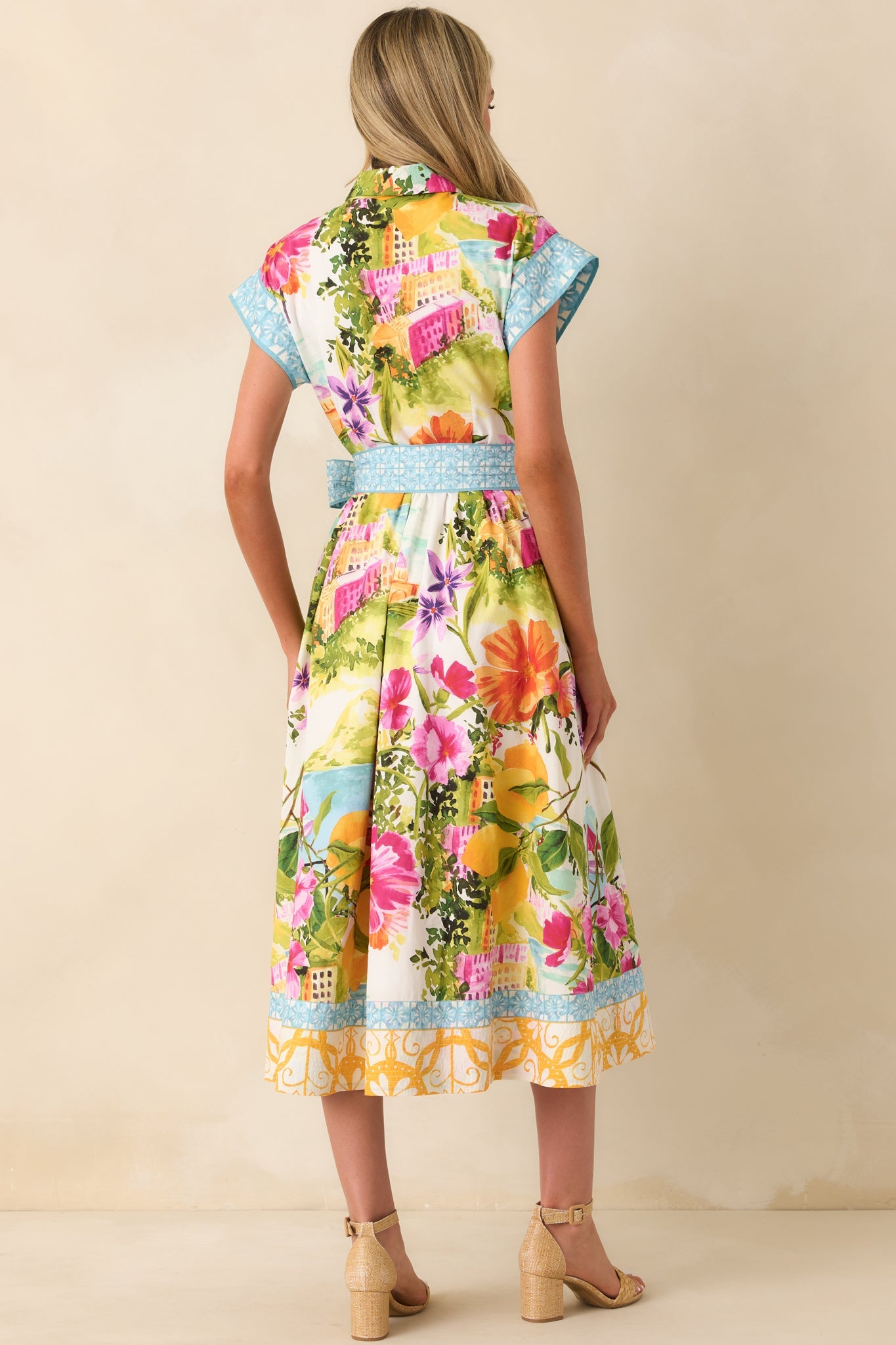 Prosperina Savannah Multi Linen Blend Scenic Coastal Print Midi Dress