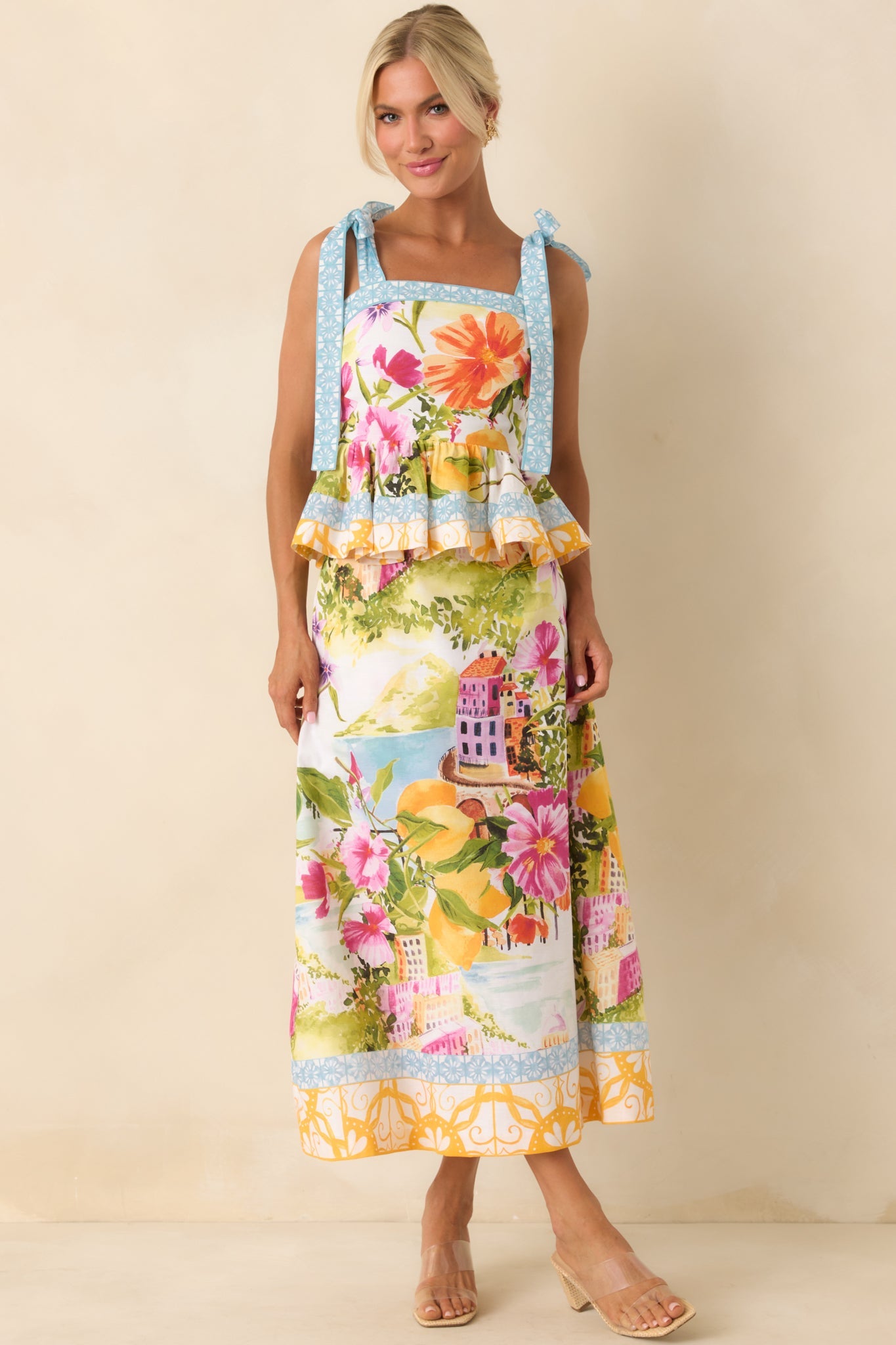 Prosperina River Multi Linen Blend Scenic Coastal Print Midi Skirt
