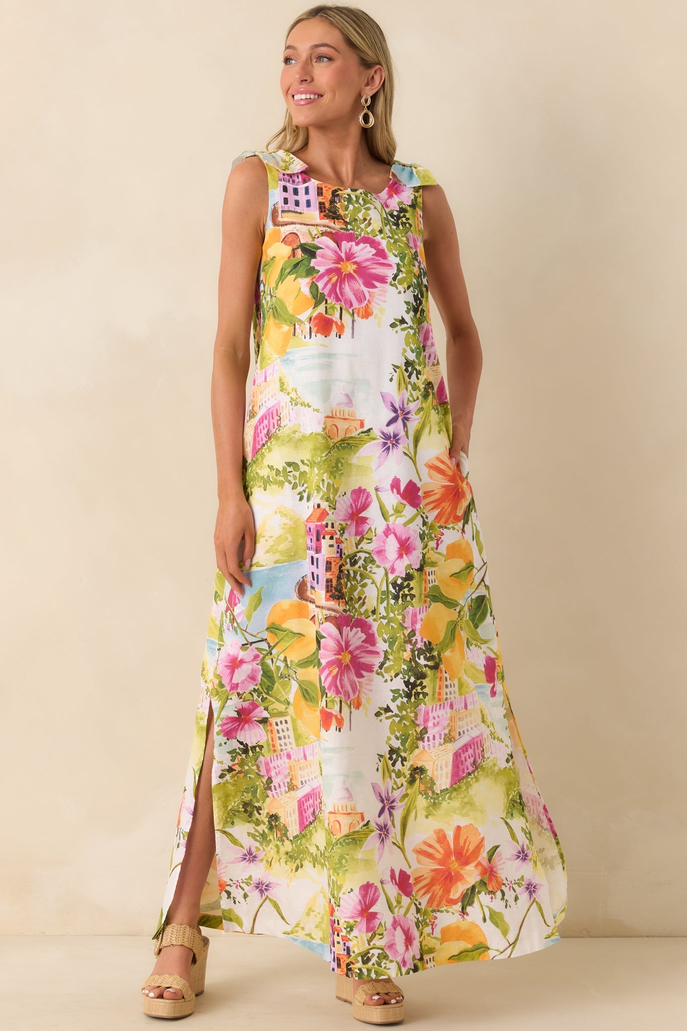 Prosperina Lucie Multi Linen Blend Scenic Coastal Print Maxi Dress