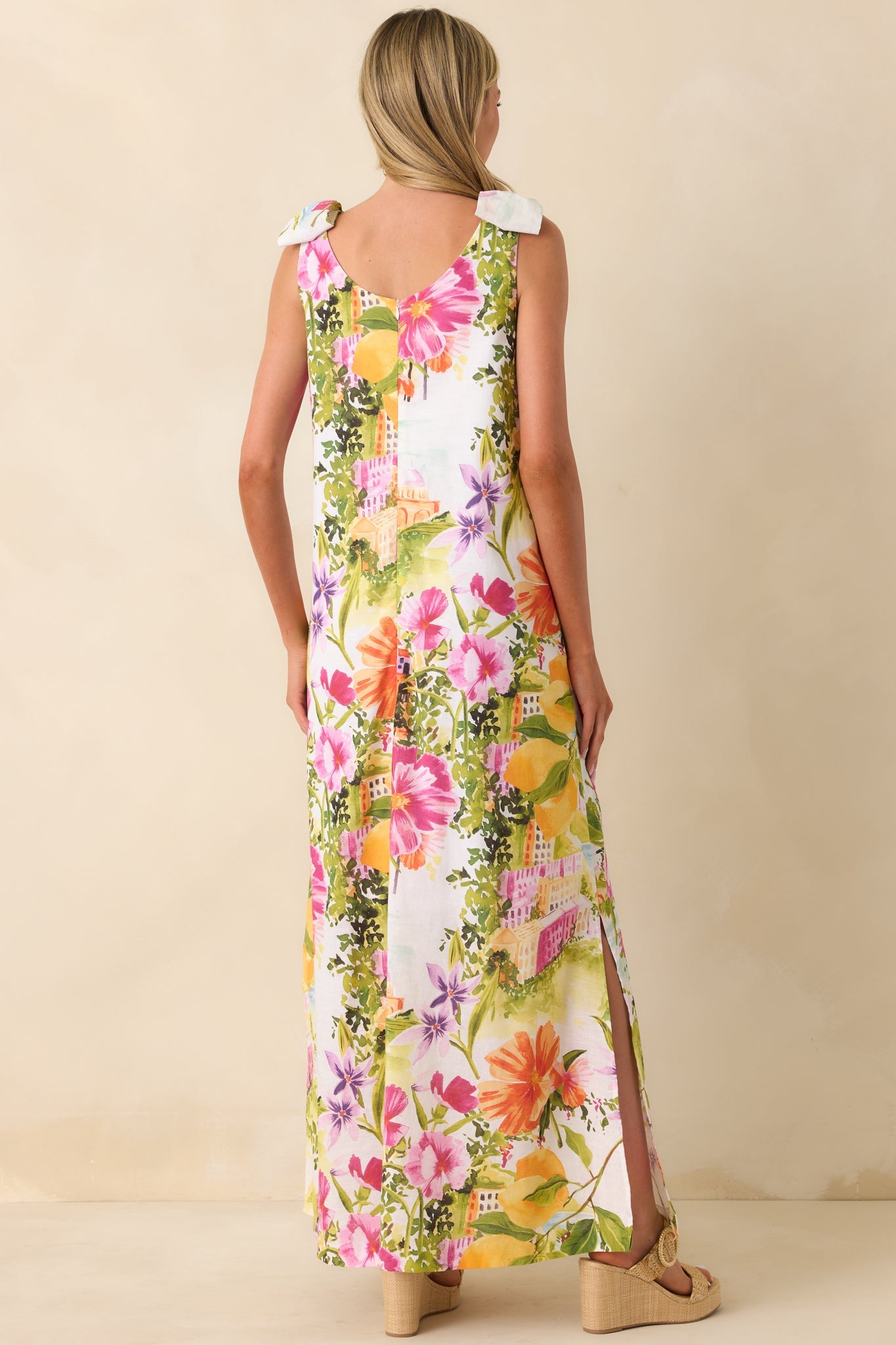 Prosperina Lucie Multi Linen Blend Scenic Coastal Print Maxi Dress