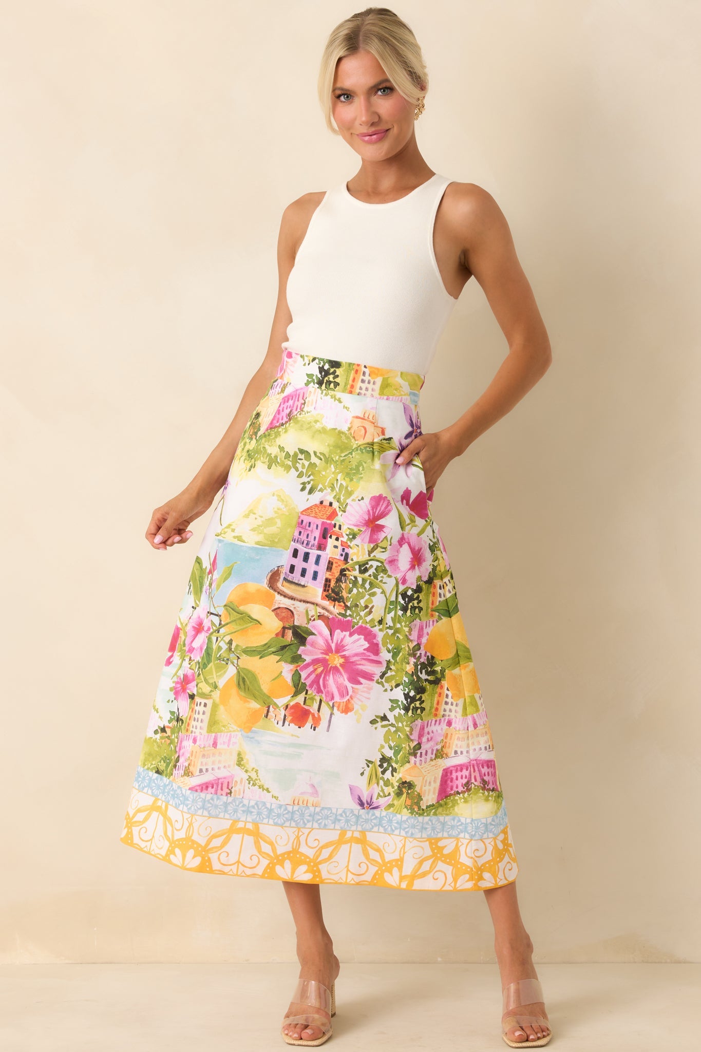 Prosperina River Multi Linen Blend Scenic Coastal Print Midi Skirt