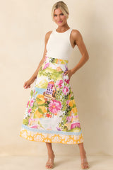 Prosperina River Multi Linen Blend Scenic Coastal Print Midi Skirt