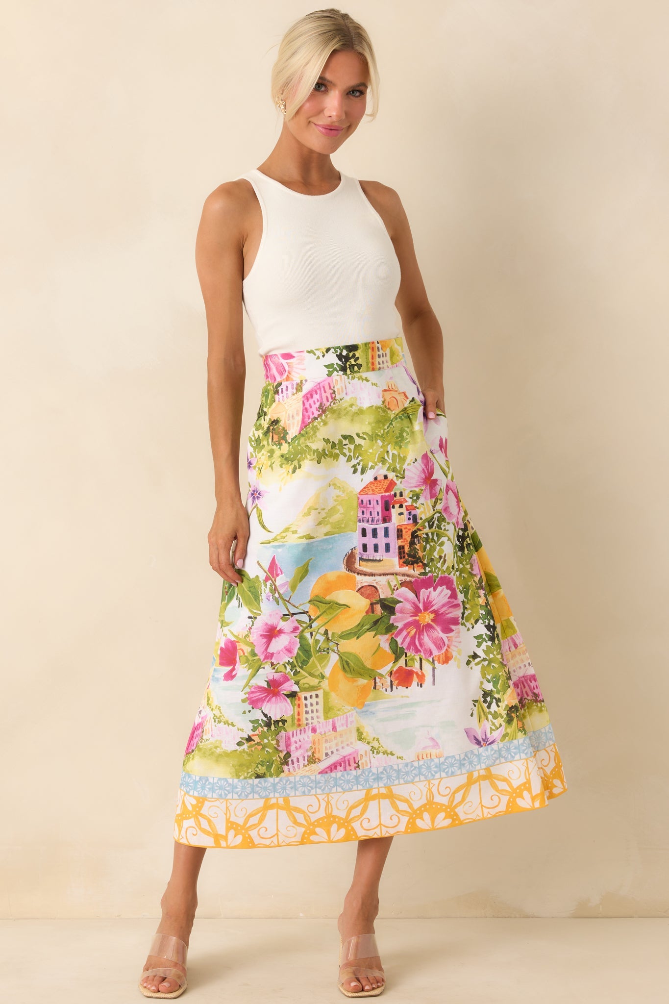 Prosperina River Multi Linen Blend Scenic Coastal Print Midi Skirt