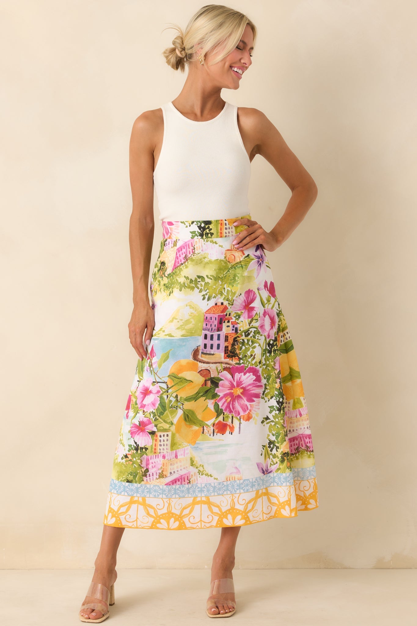 Prosperina River Multi Linen Blend Scenic Coastal Print Midi Skirt
