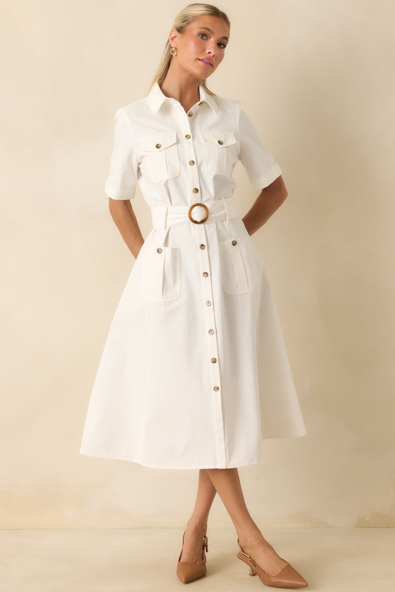 Prosperina Bentley White Cotton Twill Utility Midi Dress