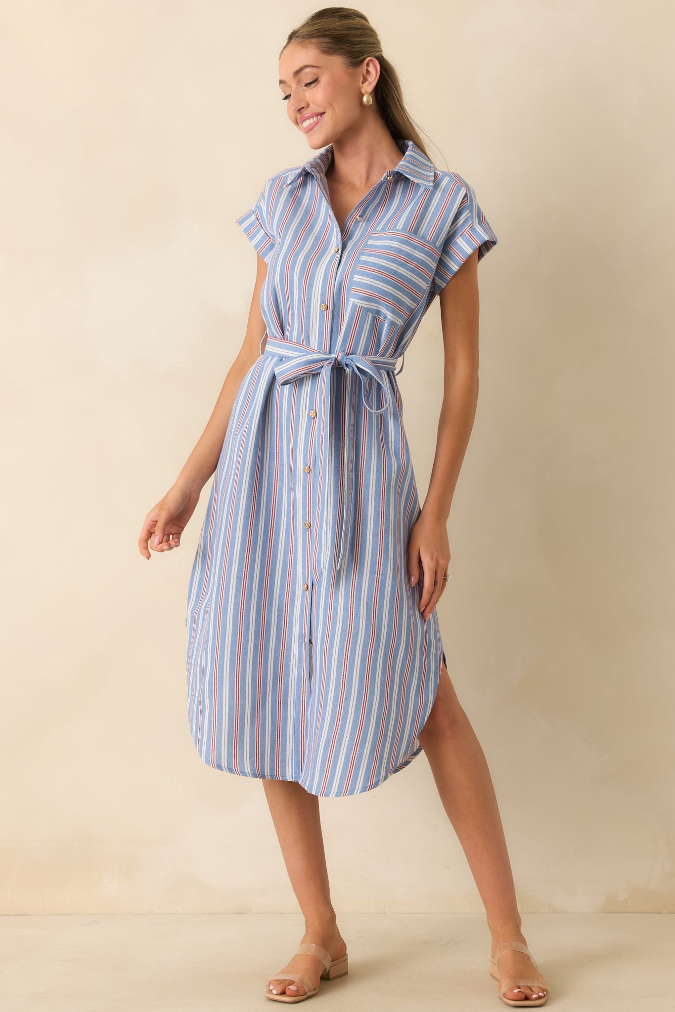 Prosperina Jules Blue & Red Stripe Cotton Midi Shirt Dress