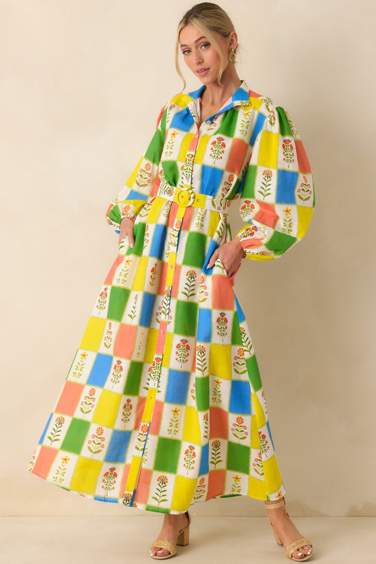 Prosperina Naomi Multi Floral Patchwork Linen Blend Maxi Dress